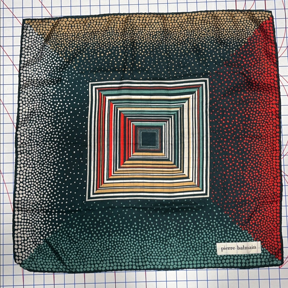 Vintage Pierre Balmain Silk Scarf
Geometric Squares and Dots Pattern
Retro